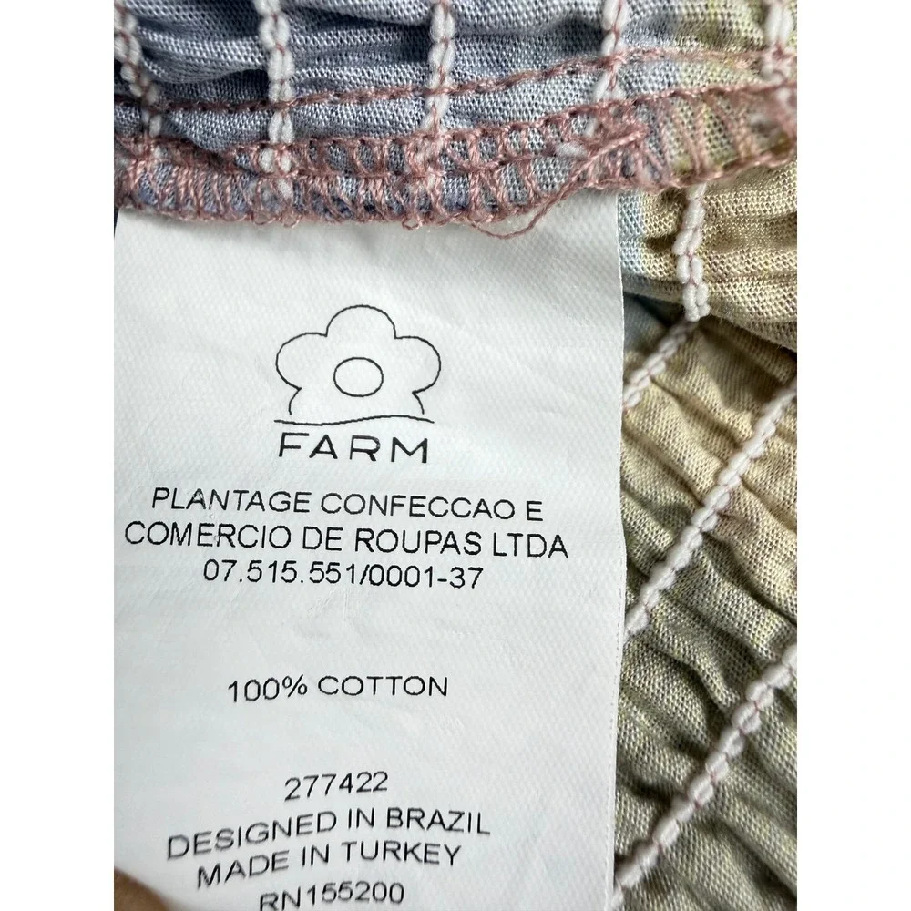 Farm Rio Rainbow Plaid Smocked Puff Sleeve Cotton Top Square Neck Multi Color